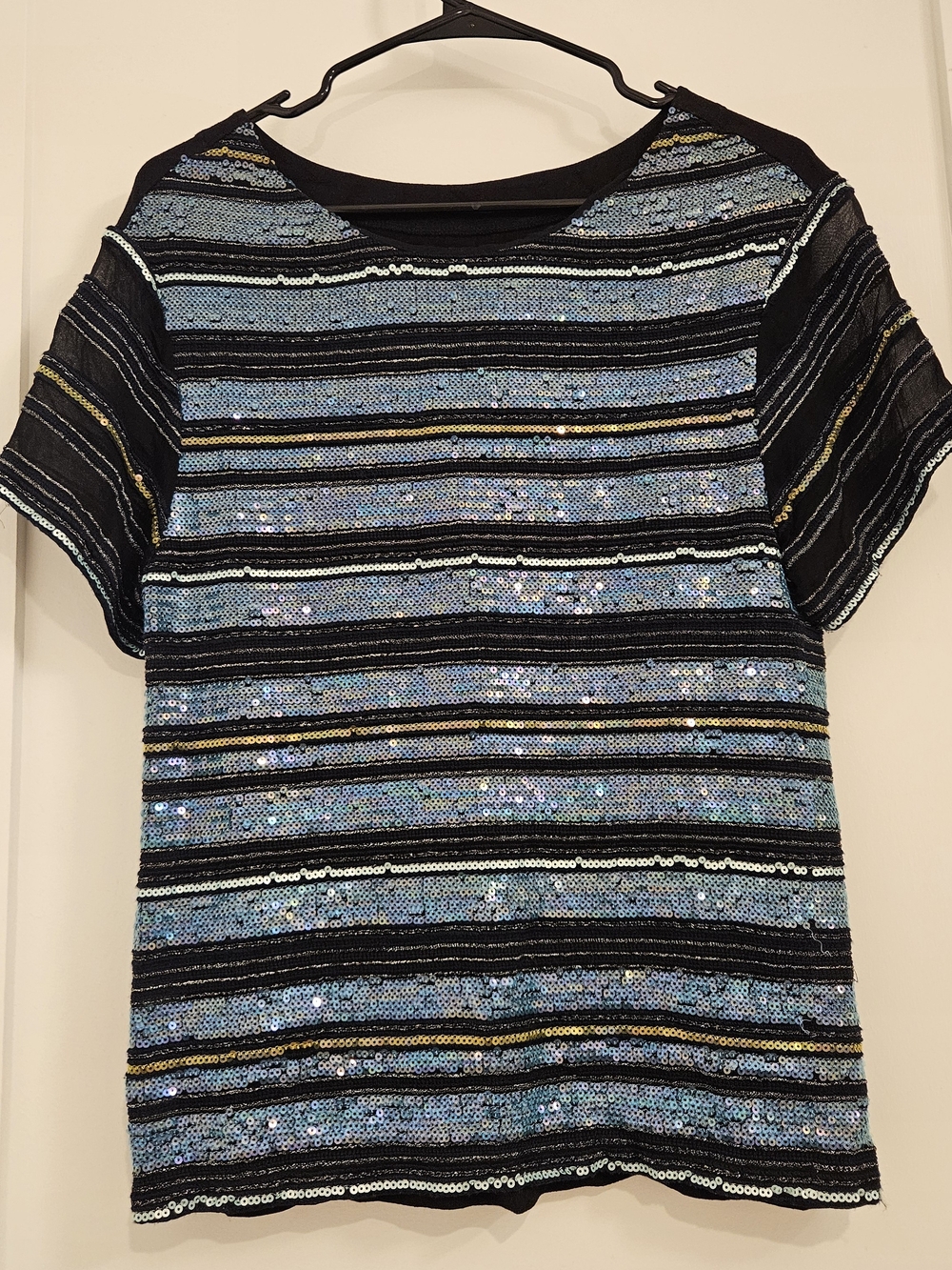 Maeve By Anthropologie Sequin Striped Short Sleeve Top - Blue, Black & Gold